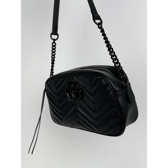 Gucci Matelassé Monochrome Small GG Marmont Chain Shoulder Bag Black B-9 - Picture 11 of 16